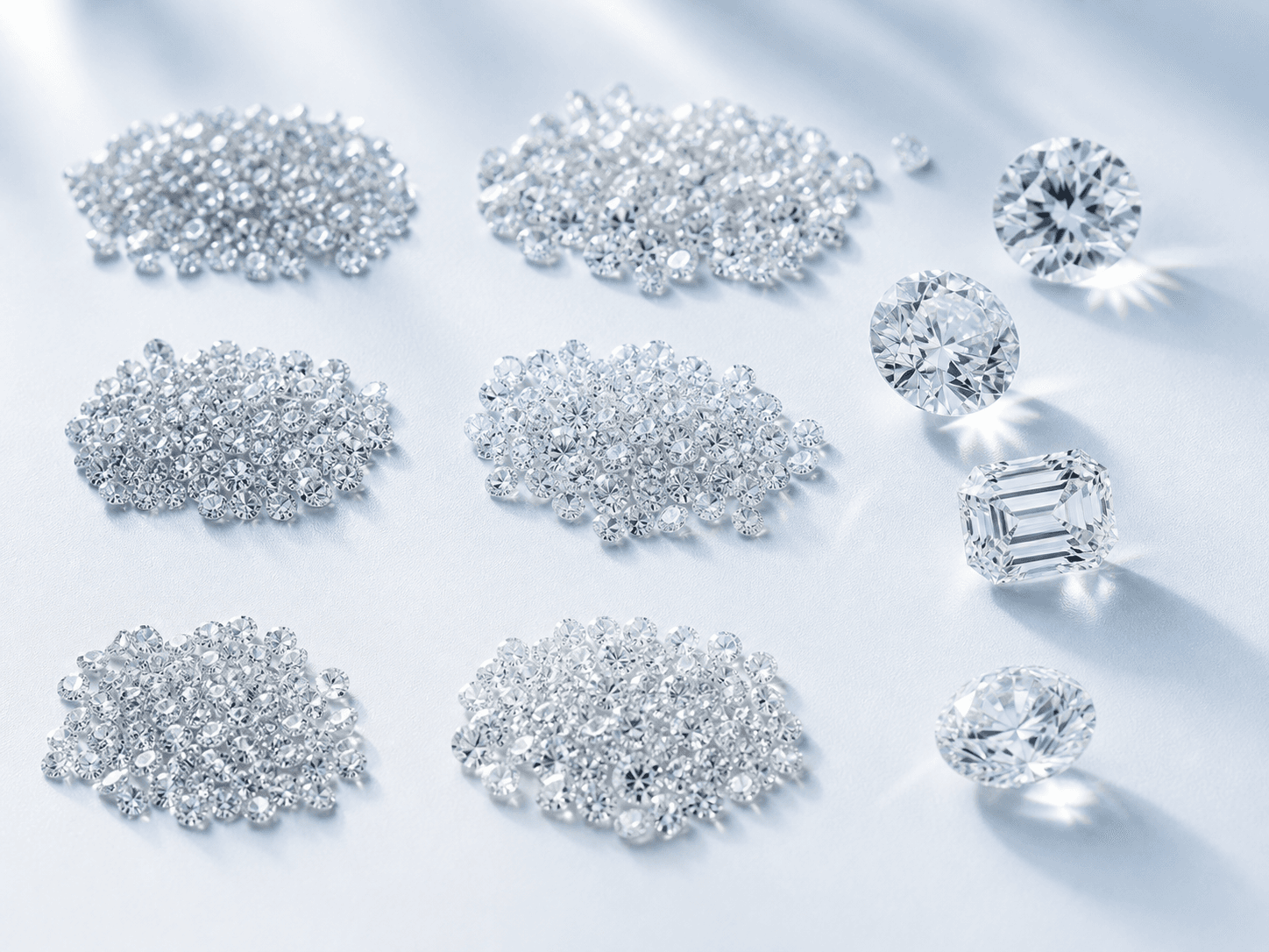Wholesale diamond parcels arranged on a pale blue surface